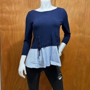 7th Avenue NY & Co Size S Navy Mixed Media Striped Peplum Tunic Top